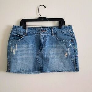 Y2K Aeropostale micro mini jean skirt, painted floral, rhinestone, distr…